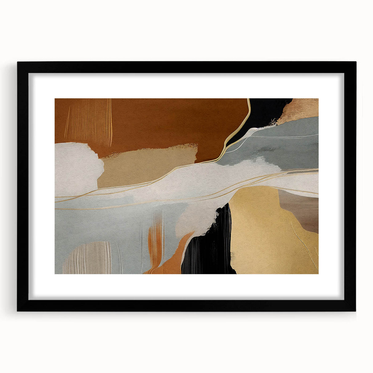 Abstract wall art featuring dynamic strokes and lines in a modern design, framed with a black mat, perfect for contemporary home decor. Ideal for adding a touch of sophistication to any space.