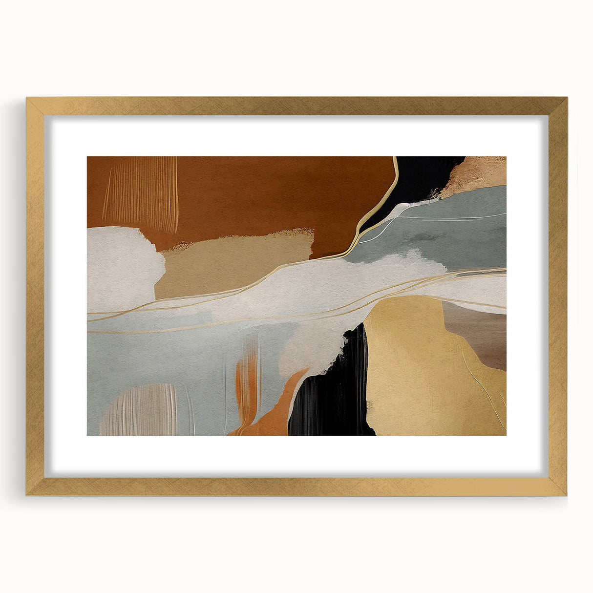 Abstract strokes and lines art print in a gold frame with a mat, showcasing a modern design ideal for contemporary home decor. Perfect for adding elegance to any space.
