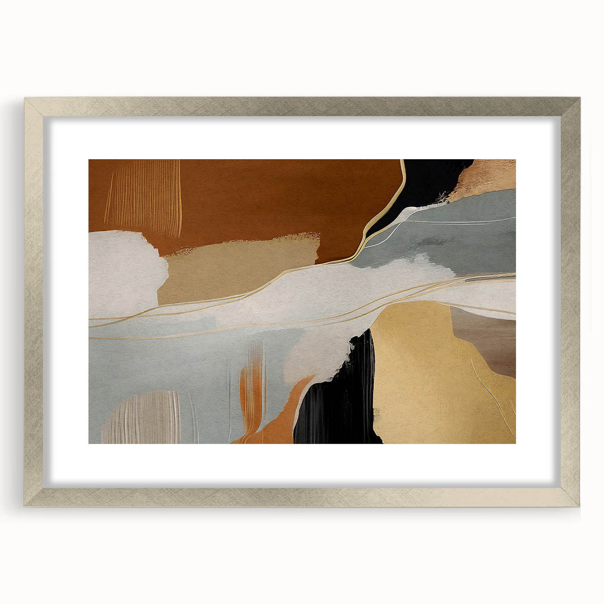Abstract wall art featuring vibrant strokes and lines in a silver frame with matting, perfect for modern decor, enhancing living spaces with color and style.