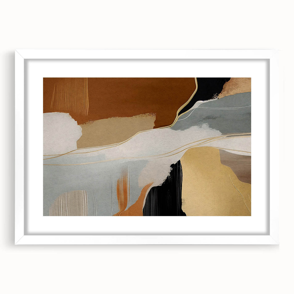Abstract wall art featuring dynamic strokes and lines in muted earth tones, framed with a white mat, perfect for modern home decor or office spaces.