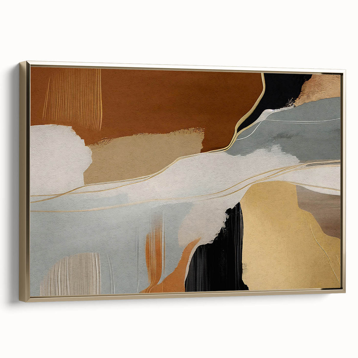 Framed canvas wall art featuring an abstract design of gold strokes and lines, showcasing an elegant modern aesthetic perfect for contemporary home decor.