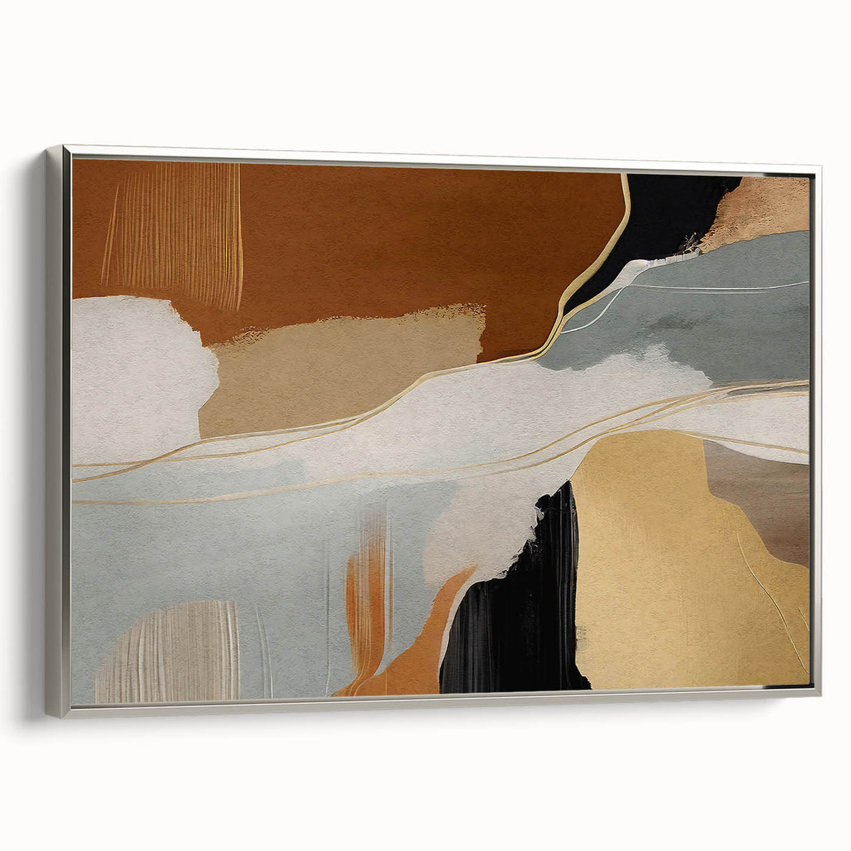 Framed canvas wall art showcasing an abstract design of colorful strokes and lines, featuring a sleek silver frame, ideal for modern home decor.