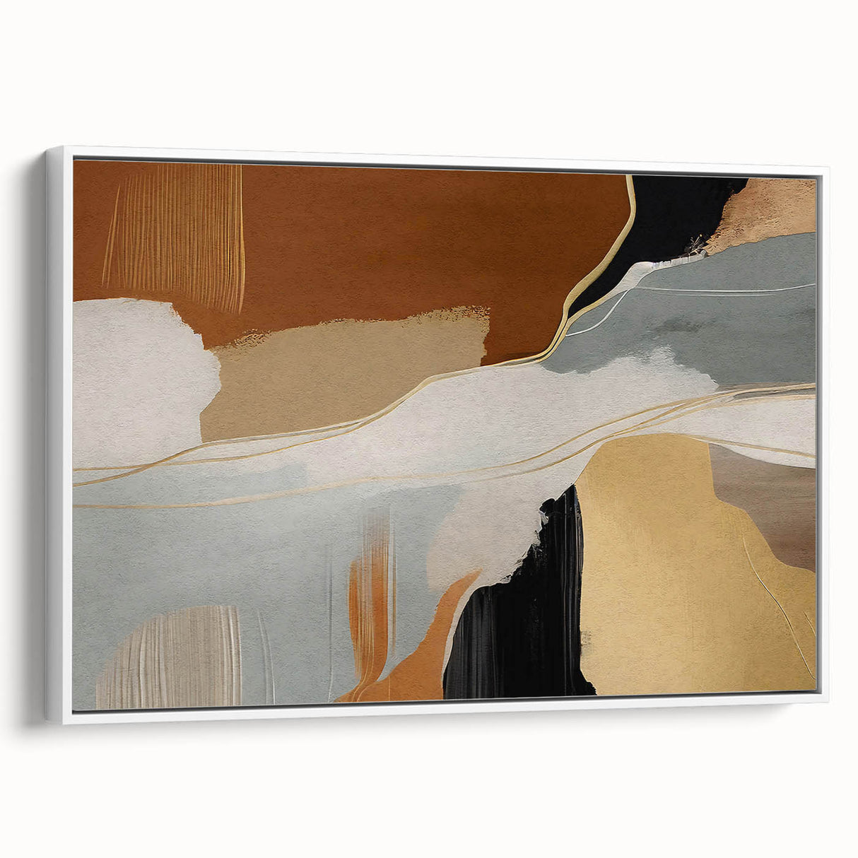 Framed canvas artwork showcasing an abstract design of colorful strokes and lines, set against a white background, perfect for modern interior decor.