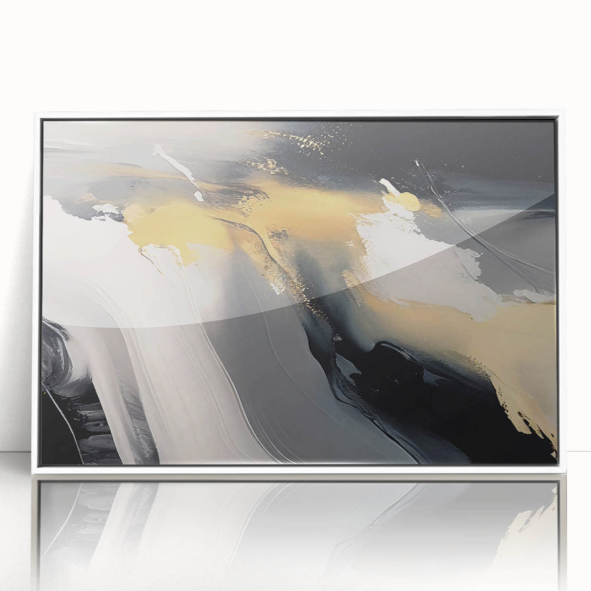 Framed wall art featuring an abstract design of colorful strokes and lines in shades of blue, pink, and yellow, set against a white background, ideal for modern home decor.