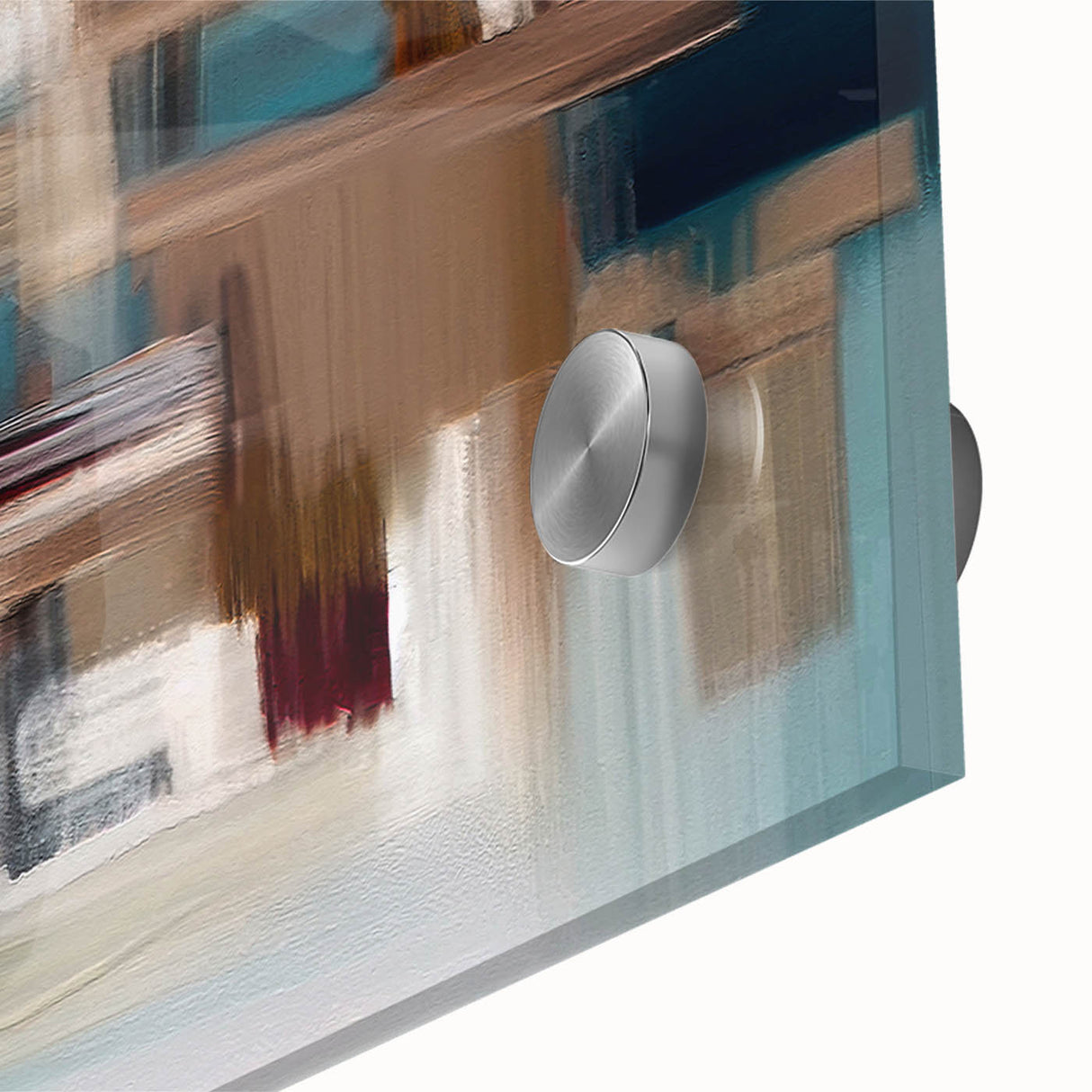 Abstract wall art design showcasing vibrant strokes and lines in shades of blue, yellow, and red, printed on acrylic glass for a modern aesthetic.