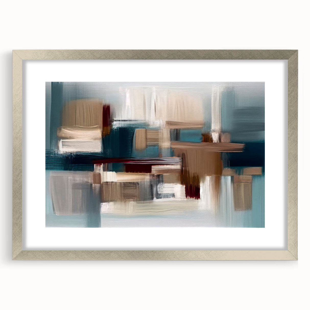 Abstract strokes and lines wall art design in a silver frame with matting, showcasing a modern aesthetic that enhances contemporary decor in living spaces.