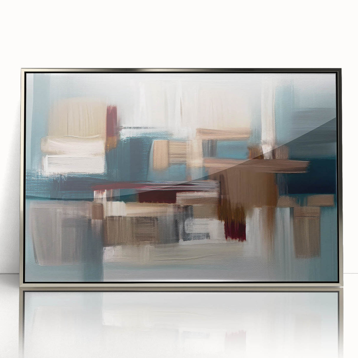Framed wall art featuring an abstract design of colorful strokes and lines, set in a sleek silver frame, perfect for modern home decor.