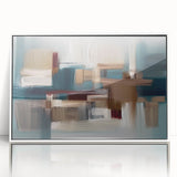 Framed acrylic wall art featuring an abstract design of colorful strokes and lines, set against a white background, perfect for modern home decor.