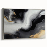 Framed canvas wall art showcasing an abstract design with silver strokes and lines. The sleek side view highlights its modern aesthetic, ideal for contemporary decor.