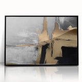 Framed abstract wall art featuring dynamic strokes and lines in black and white, designed to enhance modern interiors with a contemporary aesthetic.