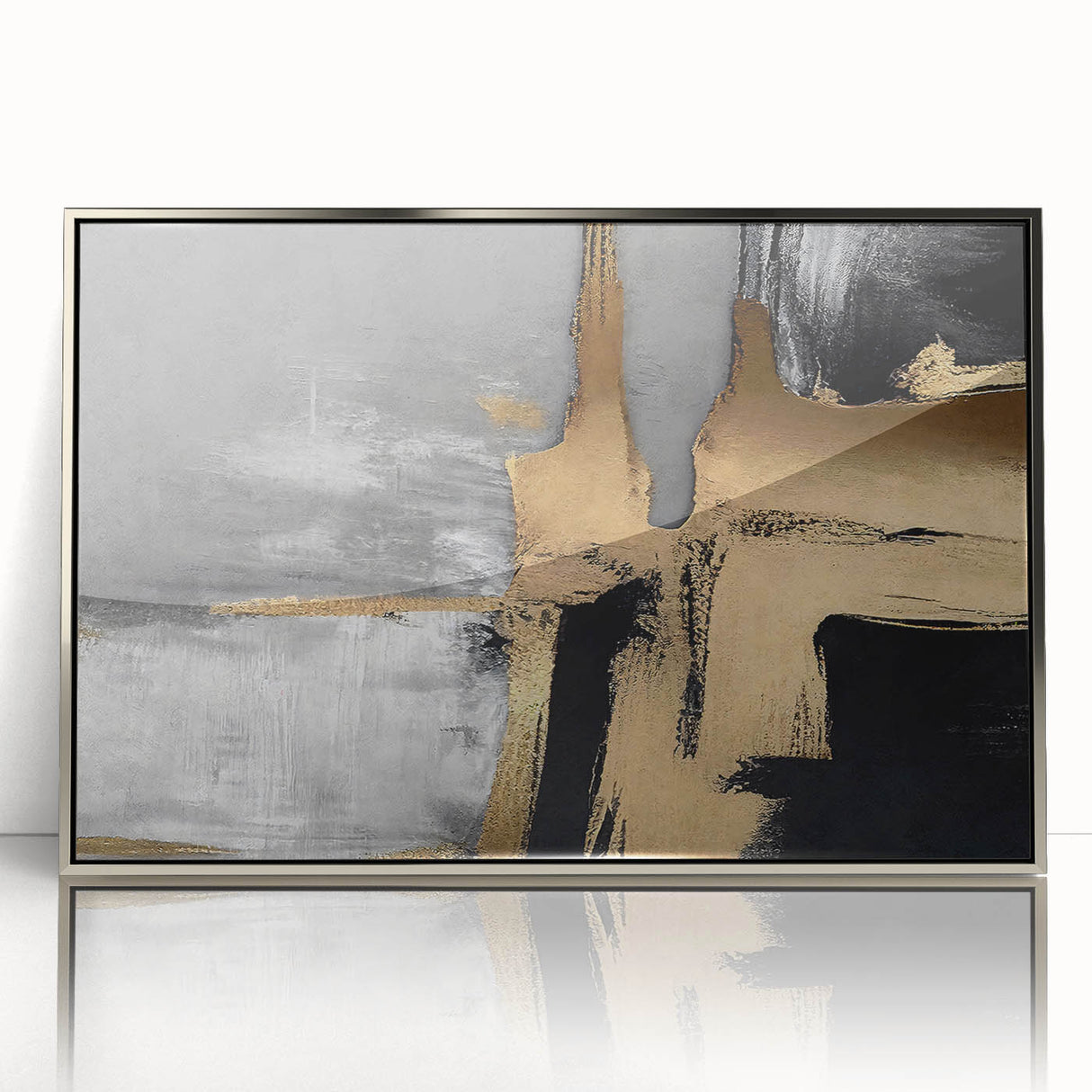 Framed abstract wall art featuring dynamic strokes and lines in silver hues, designed to enhance modern interiors with a sophisticated touch.