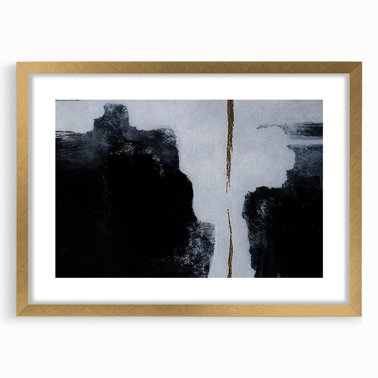 Abstract wall art featuring elegant strokes and lines in a harmonious blend of gold and neutral tones, framed with a white mat, perfect for modern home decor.