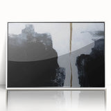 Framed wall art showcasing an abstract design of colorful strokes and lines on a white background, perfect for modern home decor. Ideal for enhancing living space aesthetics.
