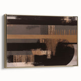 Framed canvas wall art showcasing an abstract design of gold strokes and lines on a white background, perfect for modern decor. Ideal for enhancing living spaces.