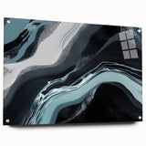 Abstract wall art featuring dynamic strokes and lines in a modern design, displayed in an acrylic glass frame with visible mounting pins for a contemporary look.
