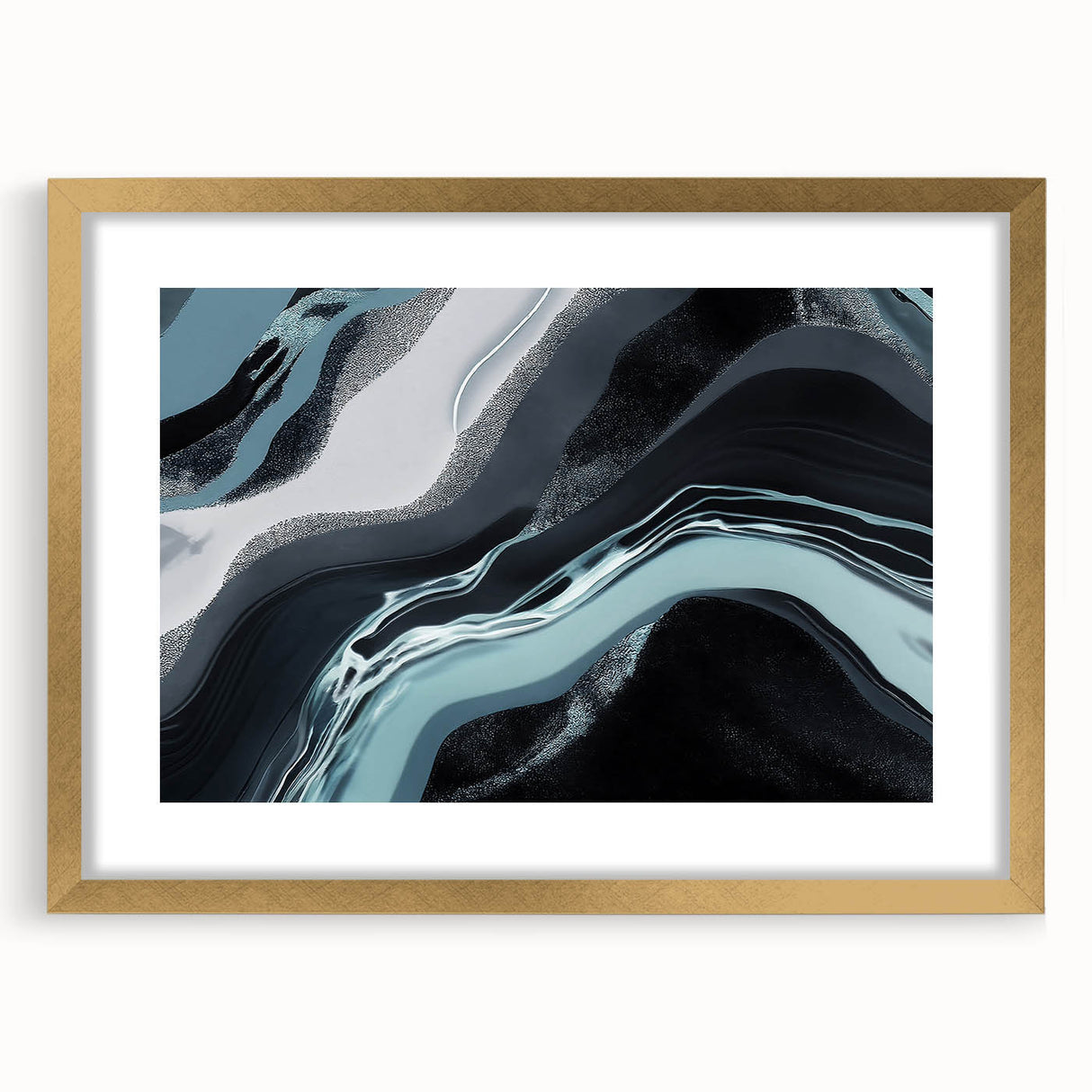 Abstract wall art print showcasing a modern design with bold strokes and lines in vibrant colors, framed with a gold mat for an elegant finish. Perfect for contemporary home decor.