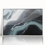 Framed acrylic wall art featuring an abstract design of colorful strokes and lines, showcasing a modern aesthetic with a white frame, ideal for contemporary decor.