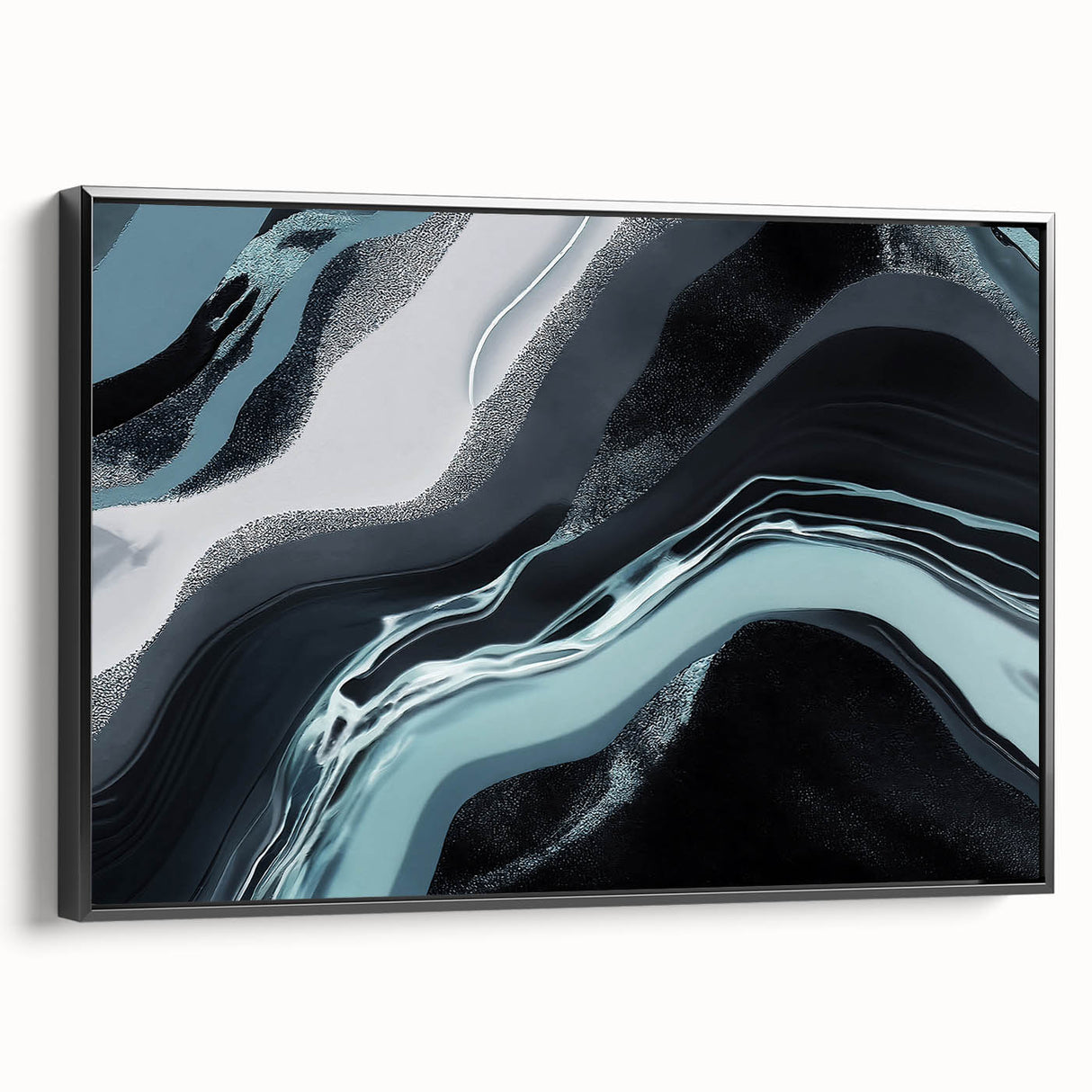 Framed abstract wall art showcasing dynamic strokes and lines in a modern design, featuring a black frame with a side view perspective, ideal for contemporary decor.