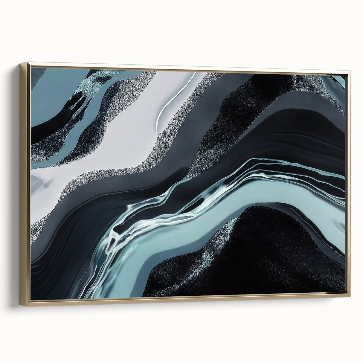 Framed canvas wall art featuring a modern abstract design with gold strokes and lines, showcasing a sophisticated side view that enhances any contemporary decor. Ideal for adding a touch of elegance to living spaces or offices.