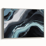 Framed canvas wall art showcasing an abstract design with vibrant strokes and lines in silver tones, perfect for modern home decor. Side view highlights its elegant framing and artistic depth.