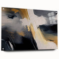Acrylic glass wall art design showcasing abstract strokes and lines in vibrant colors, elegantly displayed with visible pins, ideal for modern decor.