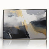 Framed abstract wall art featuring dynamic strokes and lines in silver and white, showcasing a modern design perfect for contemporary decor. Ideal for elevating living spaces with a touch of elegance and sophistication.