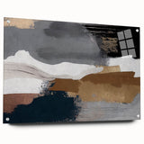 Abstract wall art featuring a dynamic composition of colorful strokes and lines, presented in acrylic glass with a sleek side view, ideal for modern decor.