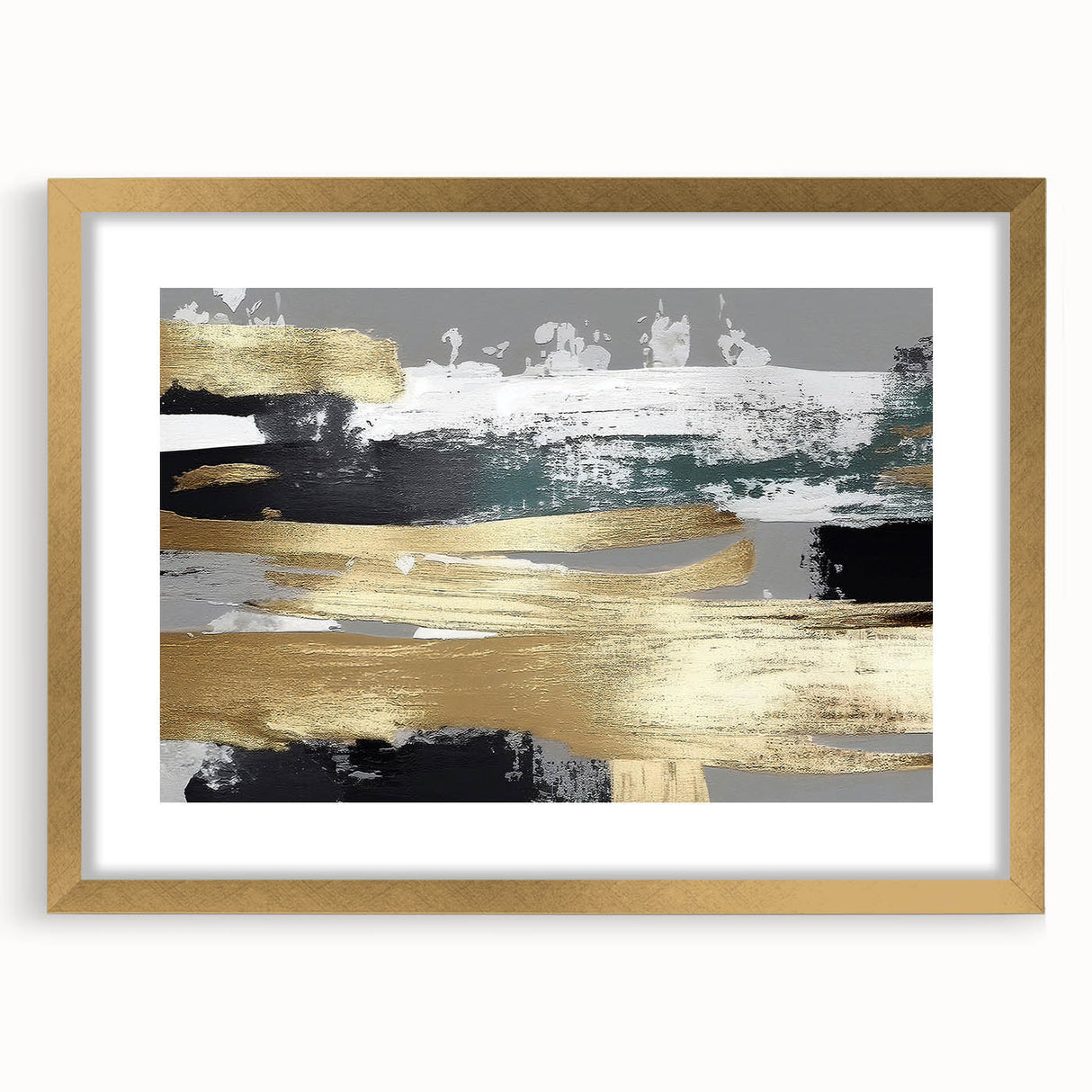 Abstract wall art featuring dynamic strokes and lines in earthy tones, framed with a gold mat, adding elegance to modern decor. Ideal for stylish interiors.