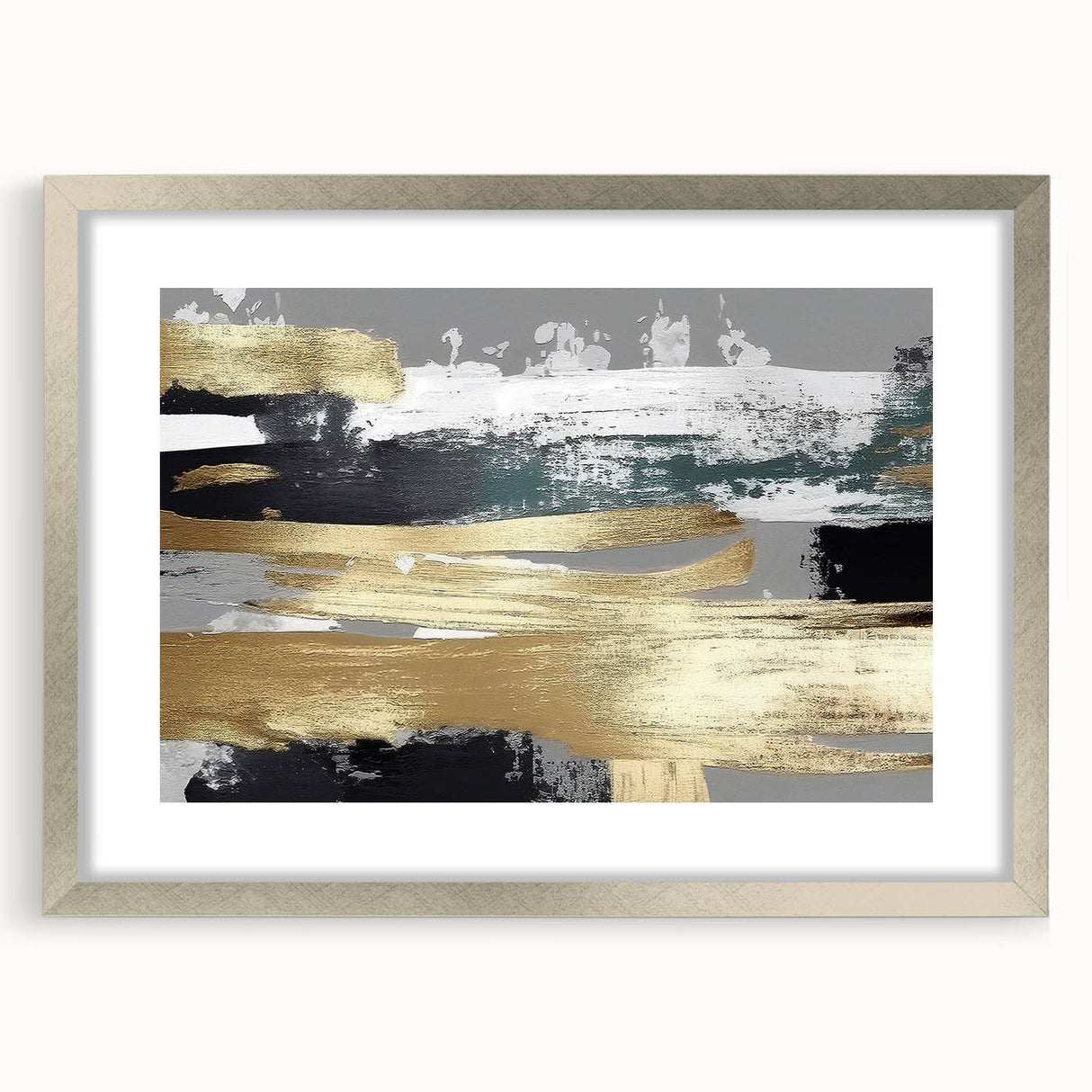 Abstract wall art featuring dynamic strokes and lines in shades of blue and gold, framed in a sleek silver mat, ideal for modern home décor accents.