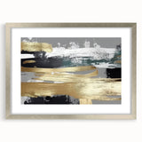 Abstract wall art featuring dynamic strokes and lines in shades of blue and gold, framed in a sleek silver mat, ideal for modern home décor accents.