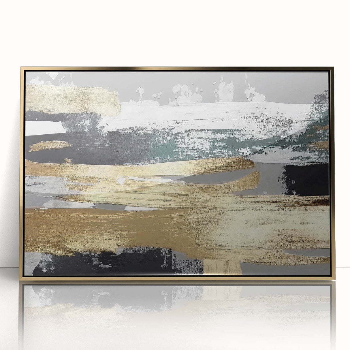 Framed wall art showcasing an abstract design of strokes and lines in gold tones, perfect for modern home decor. The elegant piece adds a touch of sophistication to any living space.