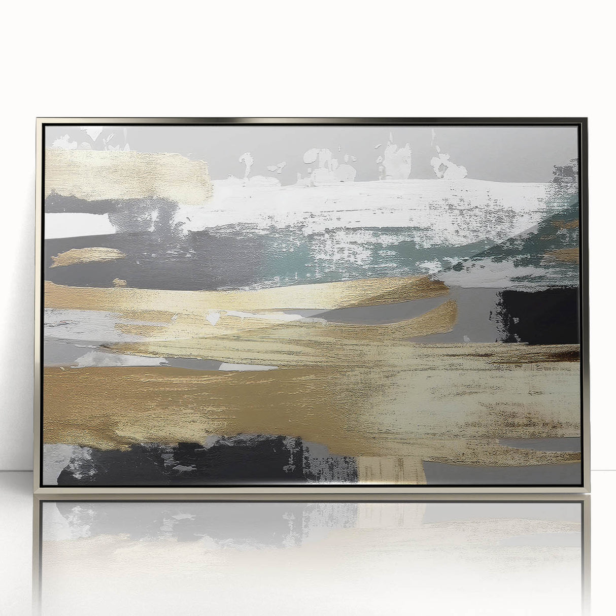 Framed wall art featuring an abstract design with colorful strokes and lines, set in a sleek silver frame, ideal for modern home decor and artistic expression.