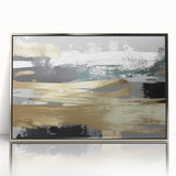 Framed wall art featuring an abstract design with colorful strokes and lines, set in a sleek silver frame, ideal for modern home decor and artistic expression.
