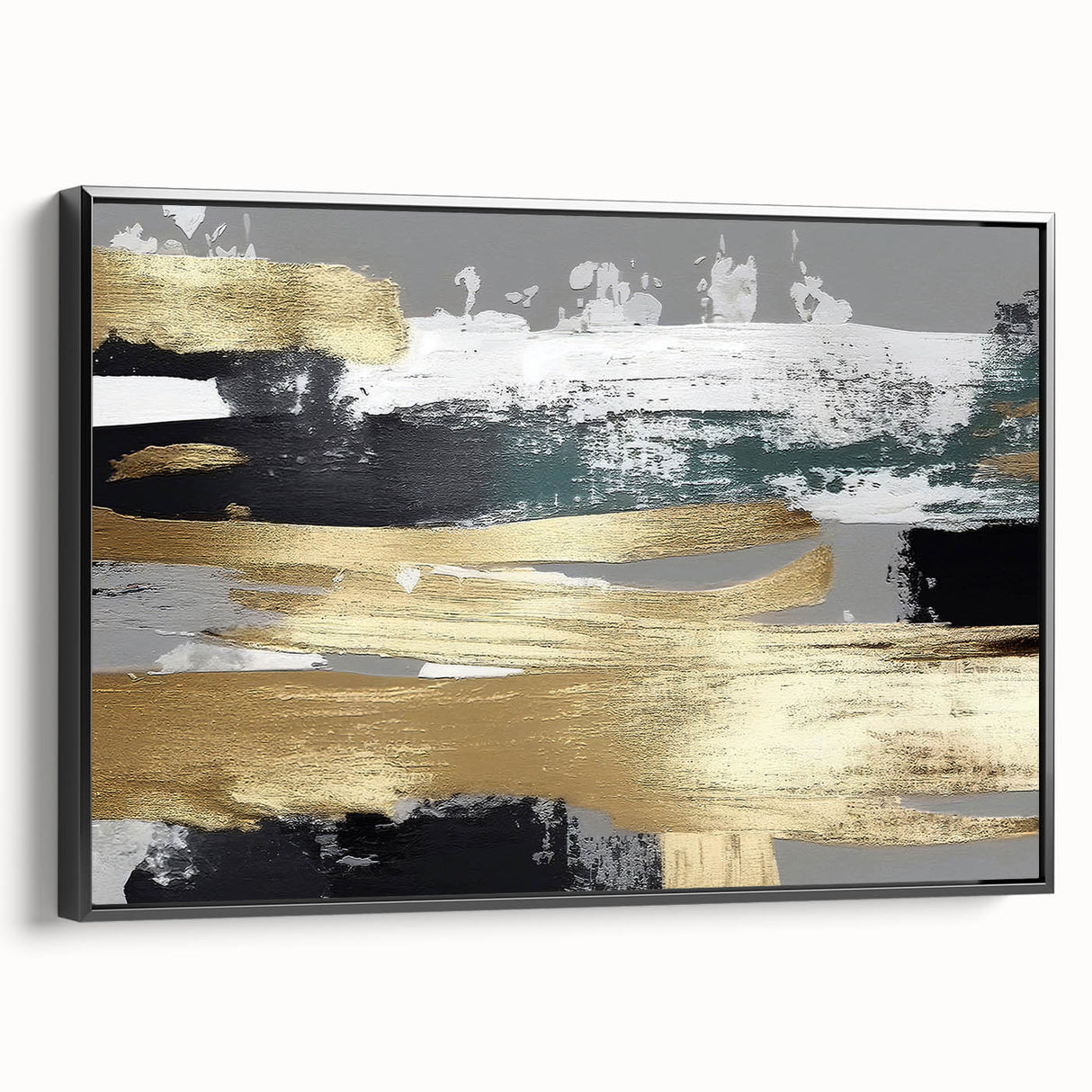 Framed canvas artwork showcasing an abstract design with bold strokes and lines in black and white, ideal for modern home decor. This side view highlights the sleek frame, enhancing any interior space with a contemporary touch.