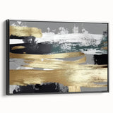 Framed canvas artwork showcasing an abstract design with bold strokes and lines in black and white, ideal for modern home decor. This side view highlights the sleek frame, enhancing any interior space with a contemporary touch.