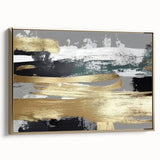 Framed canvas wall art showcasing an abstract design with golden strokes and lines against a neutral background, perfect for contemporary home decor.