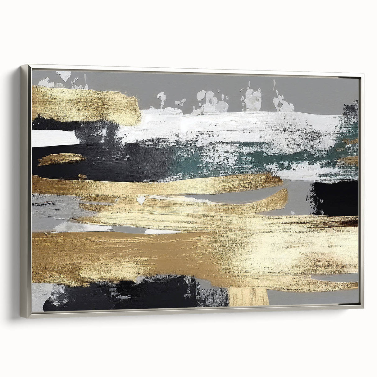 Framed canvas artwork showcasing an abstract design with elegant silver strokes and lines, ideal for modern decor and enhancing interior aesthetics.