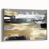 Framed canvas artwork showcasing an abstract design with elegant silver strokes and lines, ideal for modern decor and enhancing interior aesthetics.