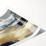 Abstract lines and strokes in vibrant colors create a dynamic wall art design, showcasing a modern aesthetic for home decor. The print is rolled for easy display and shipping.