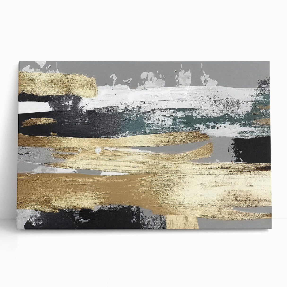 Abstract wall art featuring vibrant strokes and lines in shades of blue, orange, and green, displayed on a stretched canvas, leaning against a wall for artistic effect.