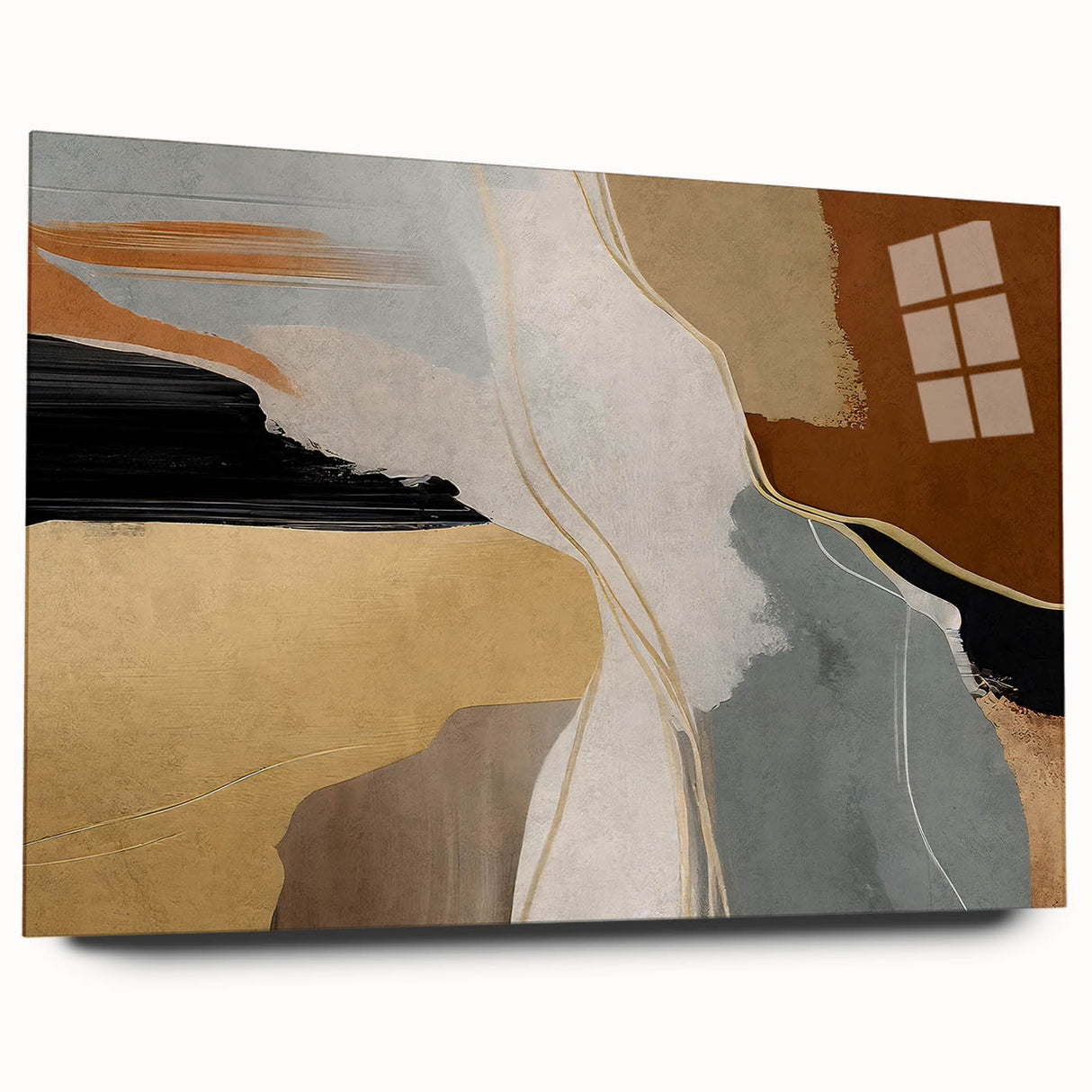 Abstract wall art design featuring colorful strokes and lines in a striking acrylic glass frame, showcasing a modern aesthetic suitable for contemporary decor.