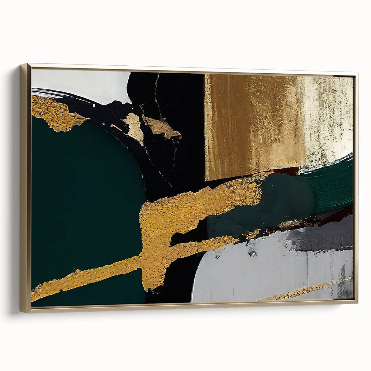 Framed canvas wall art featuring an abstract design of golden strokes and lines on a white background, elegantly displayed from the side view, perfect for modern decor.