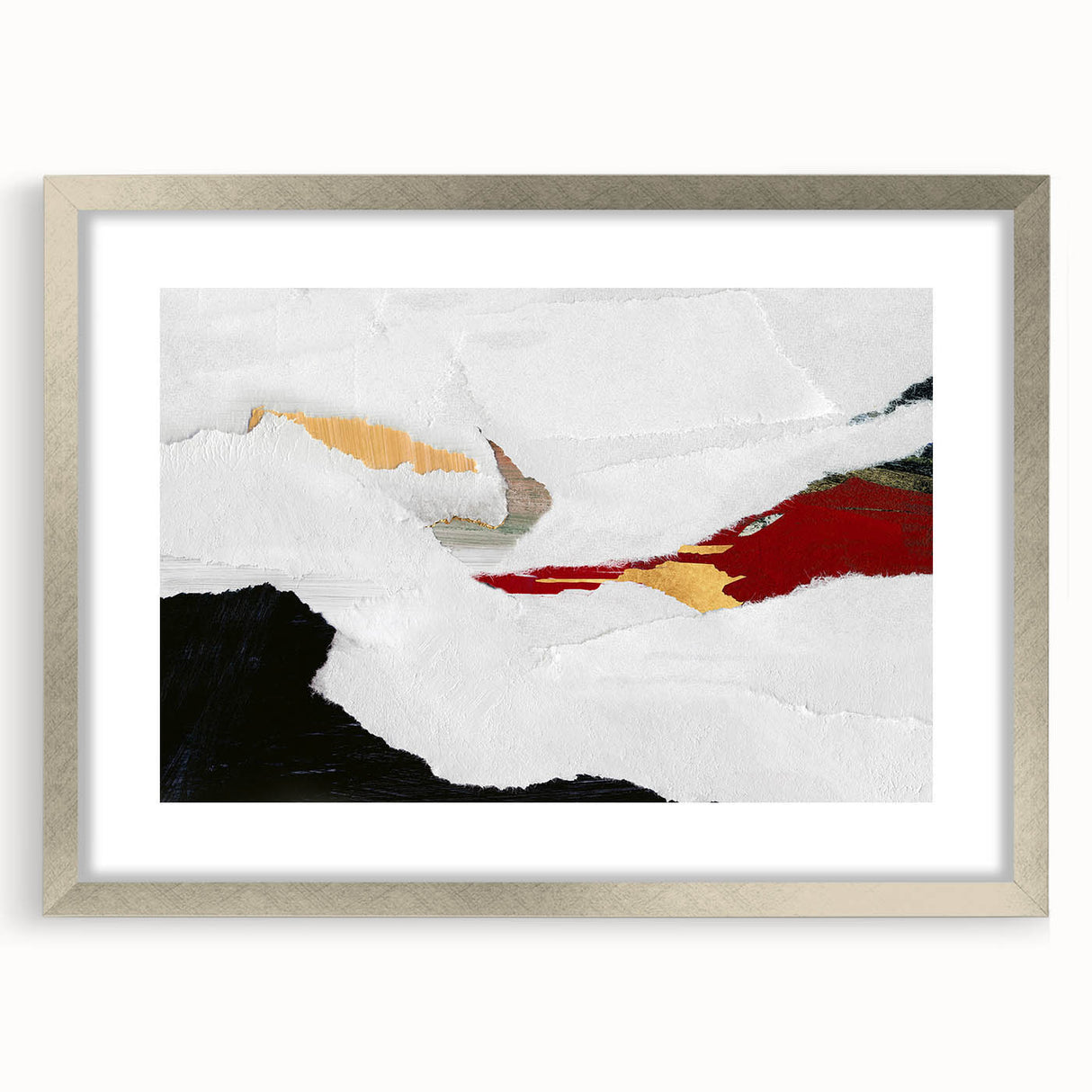 Abstract wall art design featuring elegant strokes and lines in muted tones, framed with a silver mat, perfect for modern decor.