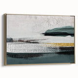 Framed canvas wall art showcasing an abstract design with golden strokes and lines, elegantly displayed to highlight its contemporary aesthetic and texture. Perfect for modern decor.