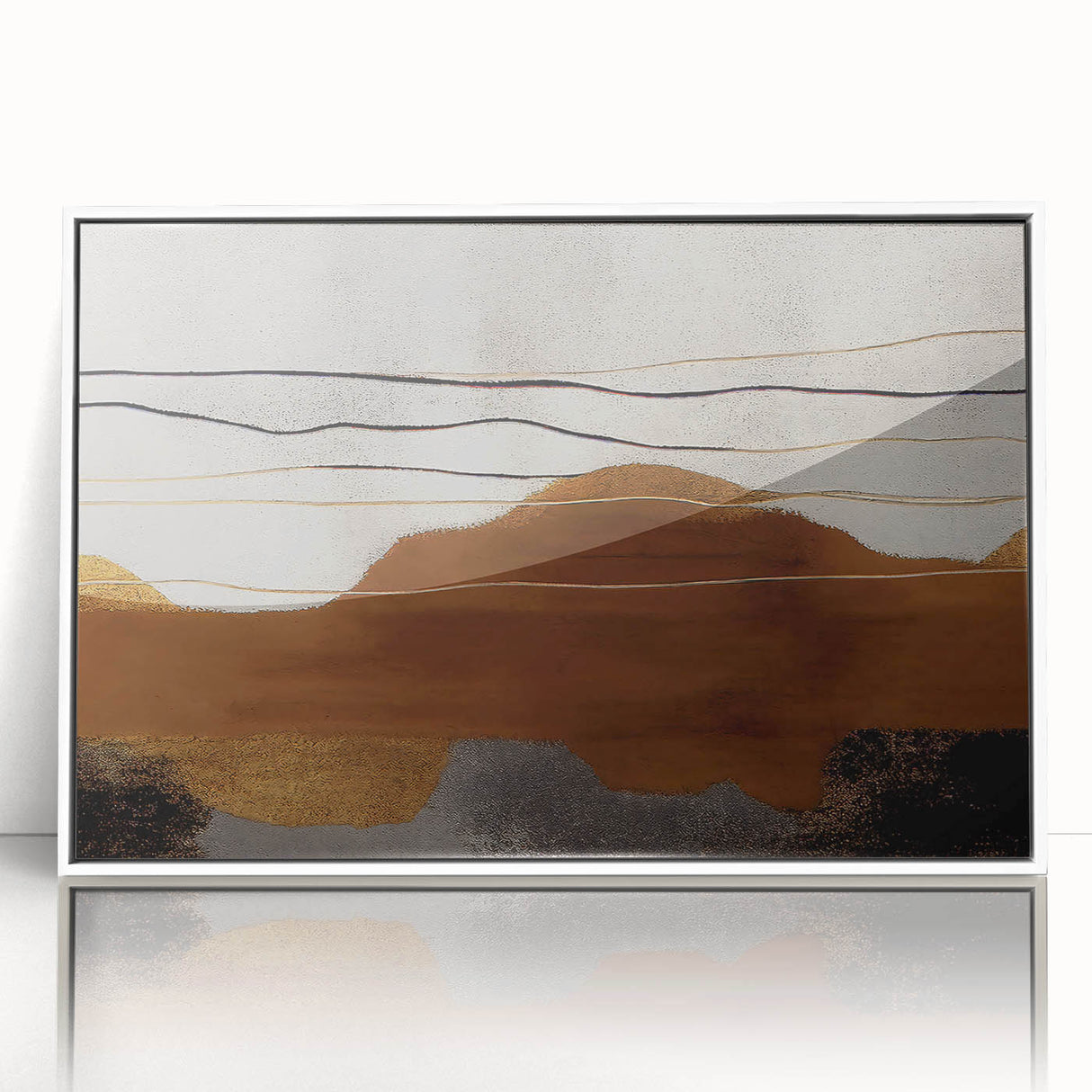 Framed acrylic wall art featuring an abstract design of colorful strokes and lines against a white background, perfect for modern home decor.
