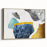 Framed canvas wall art showcasing an abstract design of gold strokes and lines, ideal for modern decor, adding elegance to any living space.