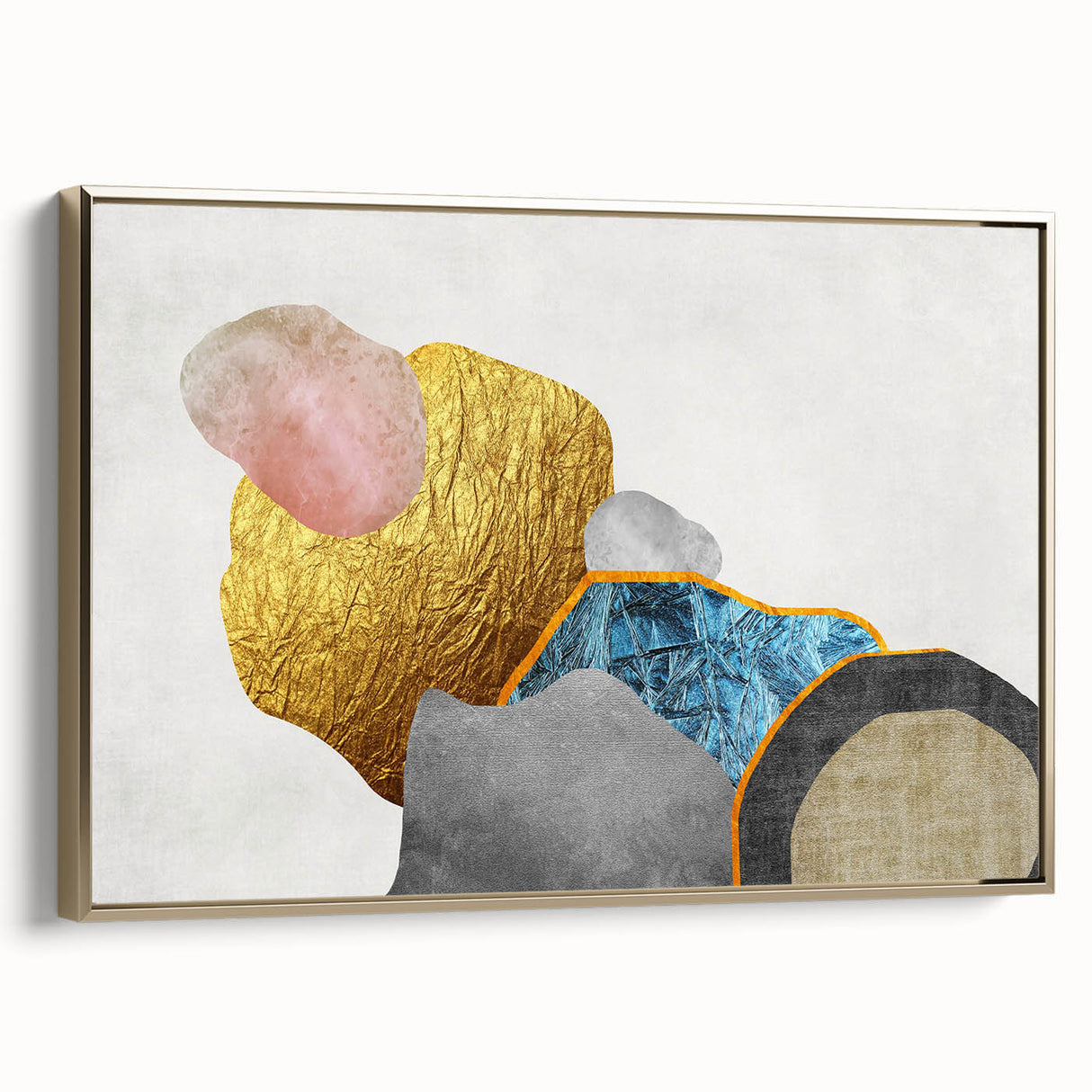 Framed wall art featuring an abstract design of flowing gold strokes and lines, showcasing a modern aesthetic perfect for contemporary home decor.
