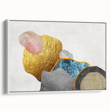 Framed canvas wall art showcasing an abstract design of colorful strokes and lines, featuring a white background and a sleek side view, perfect for modern decor.