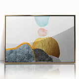 Abstract wall art featuring dynamic strokes and lines in gold and white, framed elegantly to enhance modern decor. Ideal for contemporary living spaces, this artwork adds a touch of sophistication and style.