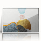 Framed abstract wall art featuring a modern design of colorful strokes and lines, set against a white background, ideal for contemporary home decor.